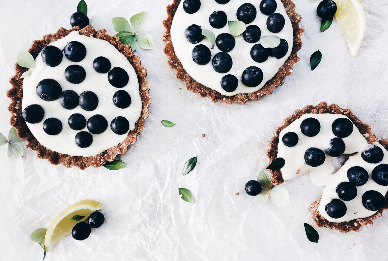 Raw Peanut Butter Chocolate Tart with Lemon Cashew Cream & Blueberries